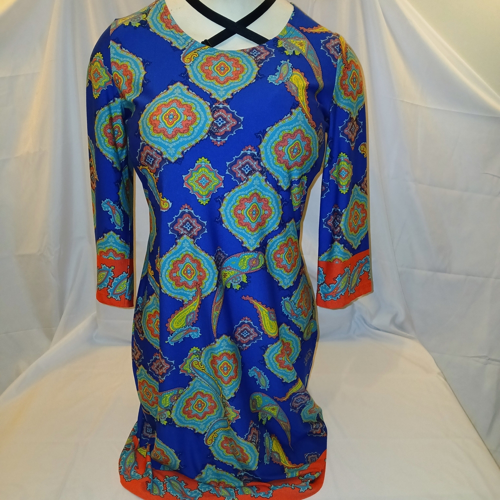 Tracy Negoshian Blue and Orange Patterned Mini Dress